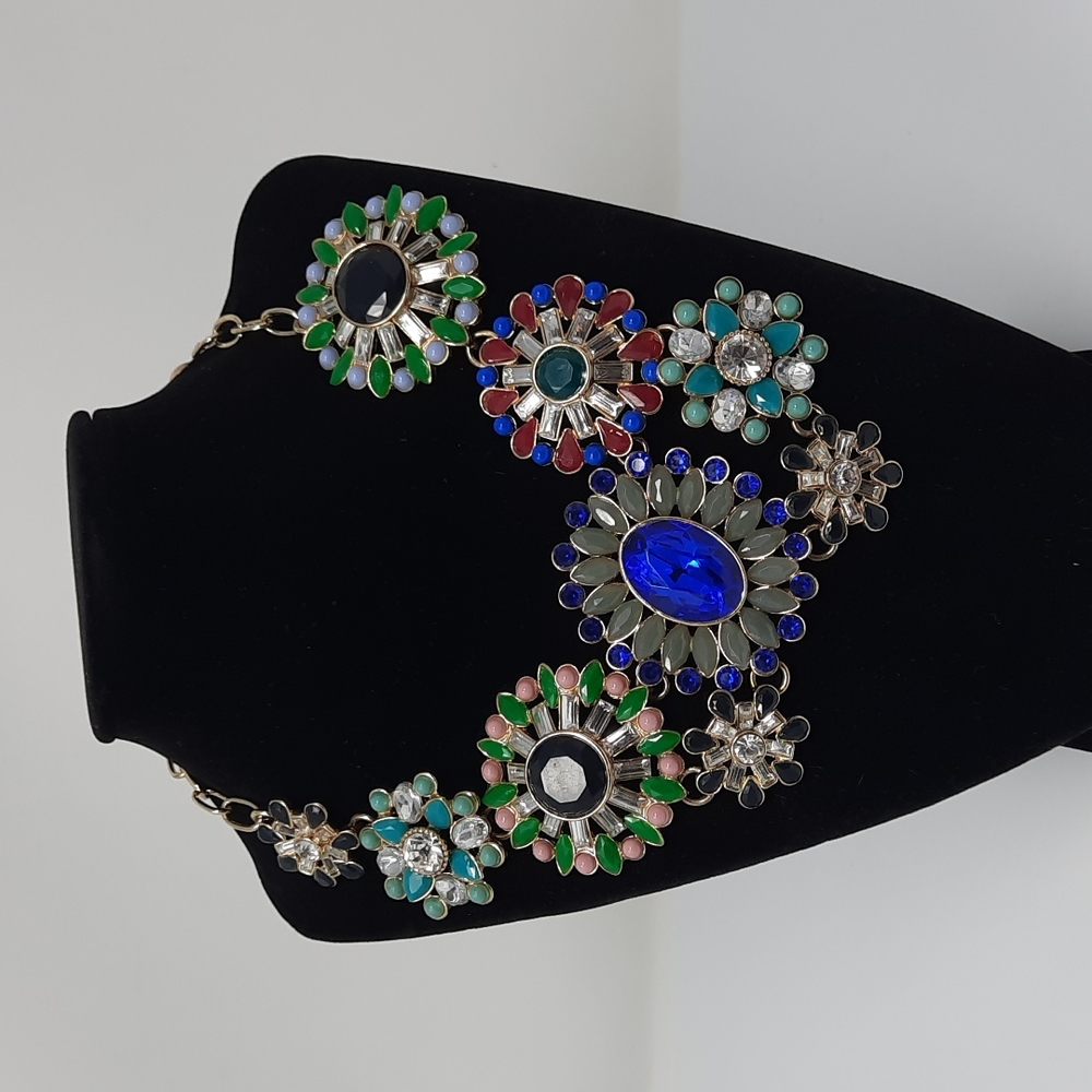 J Crew Necklace Multicolor Crystal Rhinestone Floral Bib Statement Asymmetrical